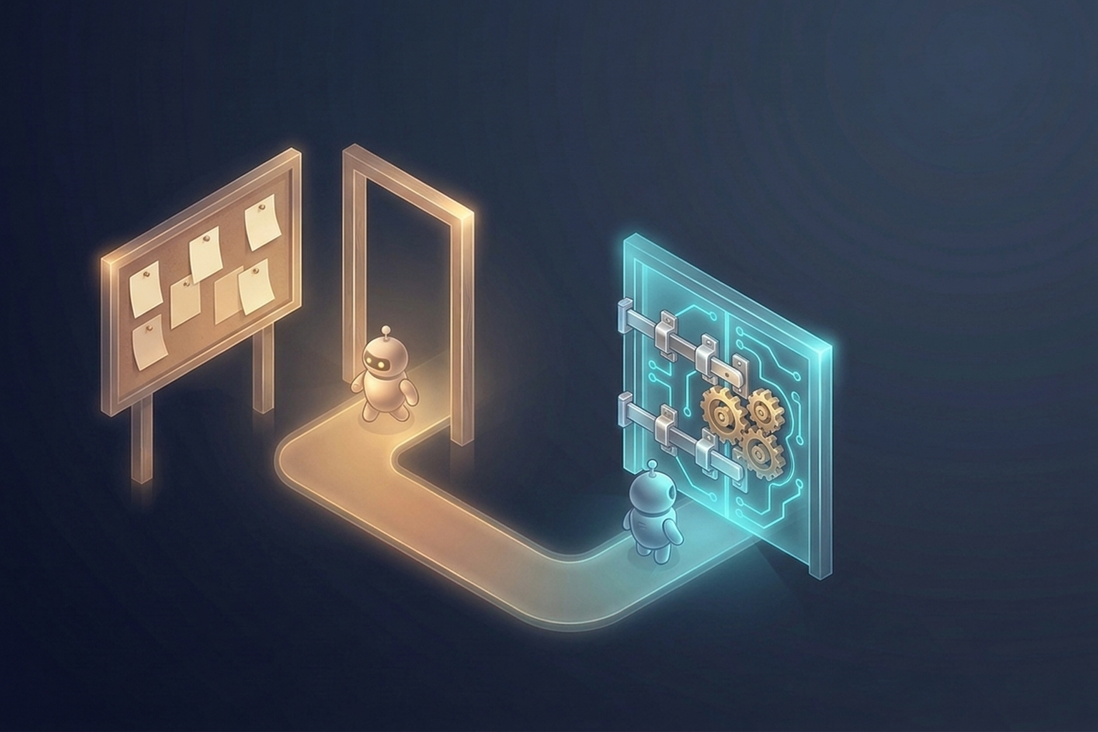 On the left, a bulletin board with paper notes pinned to it stands beside an open doorway that nothing blocks; on the right, the same doorway has metal latches and gears built into its frame that physically stop passage