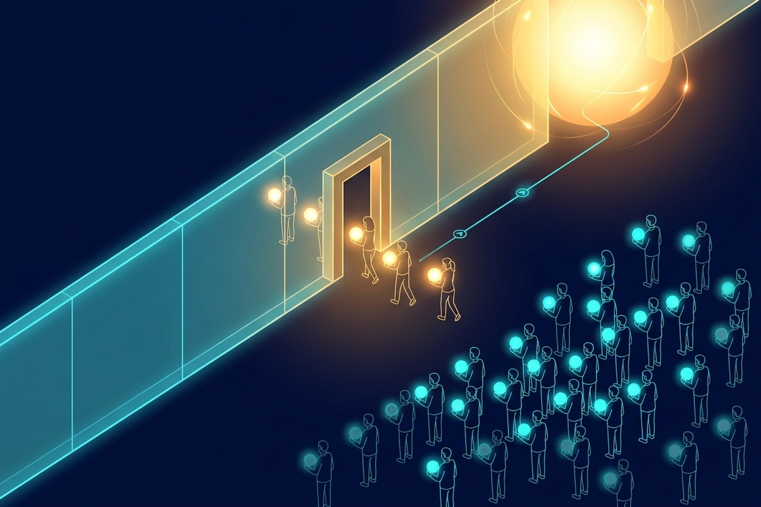 A narrow doorway in a long wall; a few figures pass through it carrying bright bulbs while a large crowd waits outside holding their own dimmer bulbs, and a thin signal line runs back out from beyond the wall